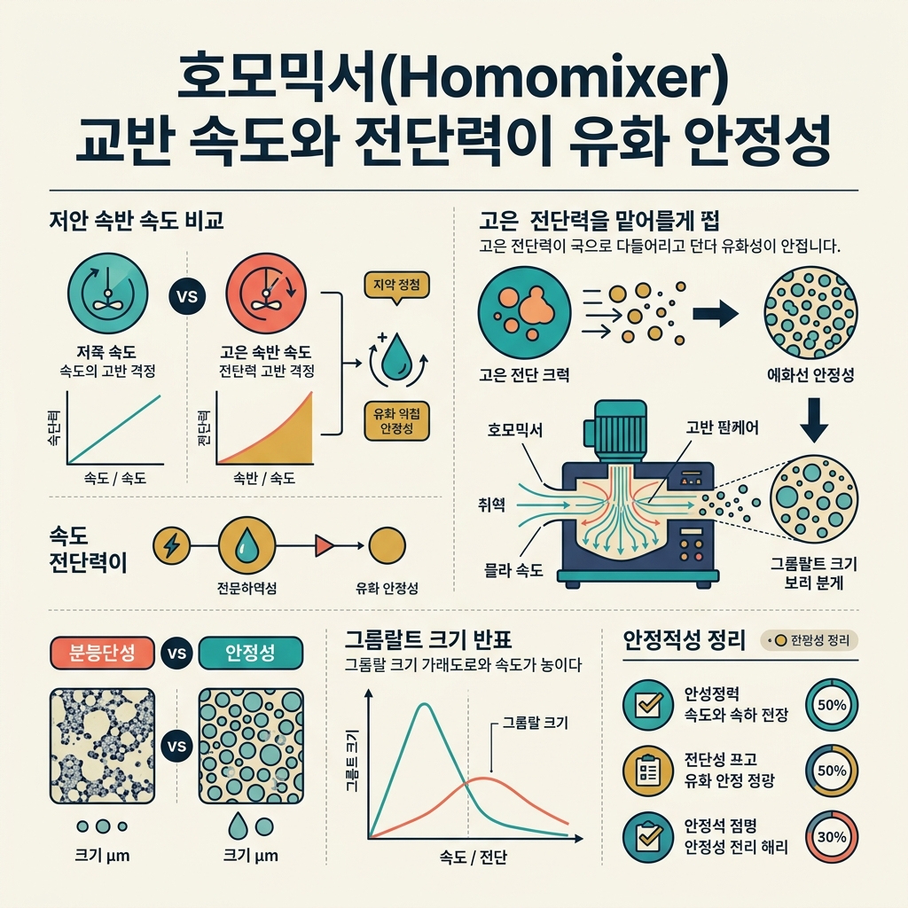 ai thumbnail infographic 호모믹서Homomixer 교반 속도와 전단력이 유화 안정성 1789371354